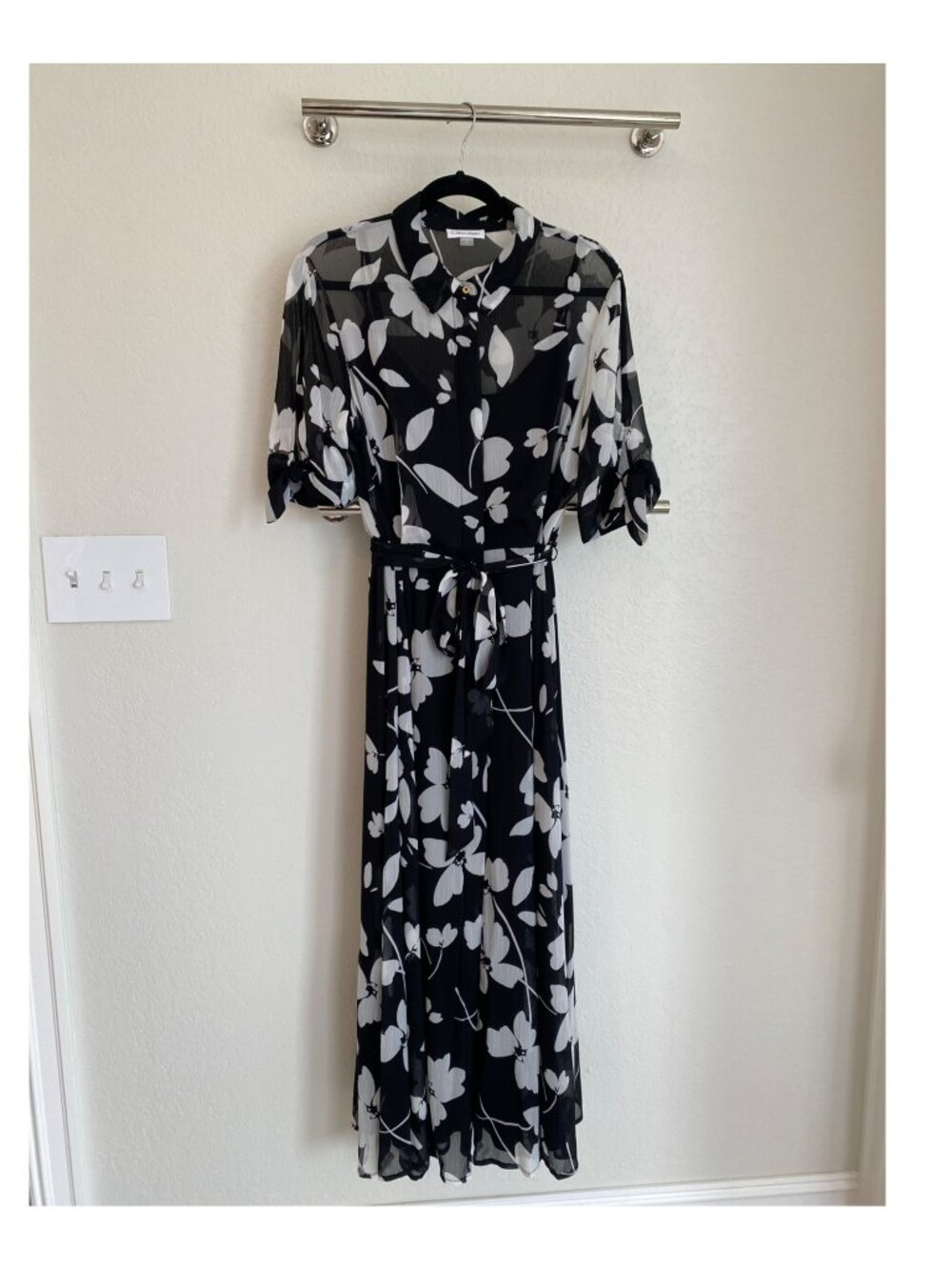 Calvin Klein Black White Floral Belted Midi Dress Size 12